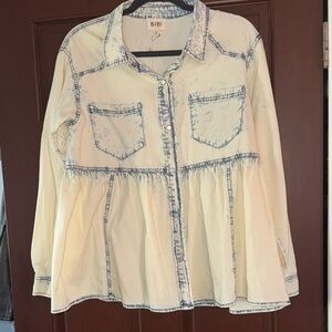 BiBi Cream and Blue Denim Peplum Shirt